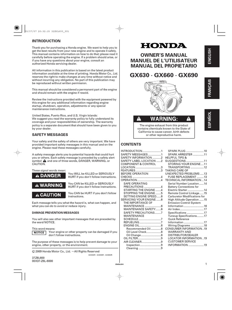 Honda GX630/GX690 Owner's Manual | PDF | Carburetor | Gasoline