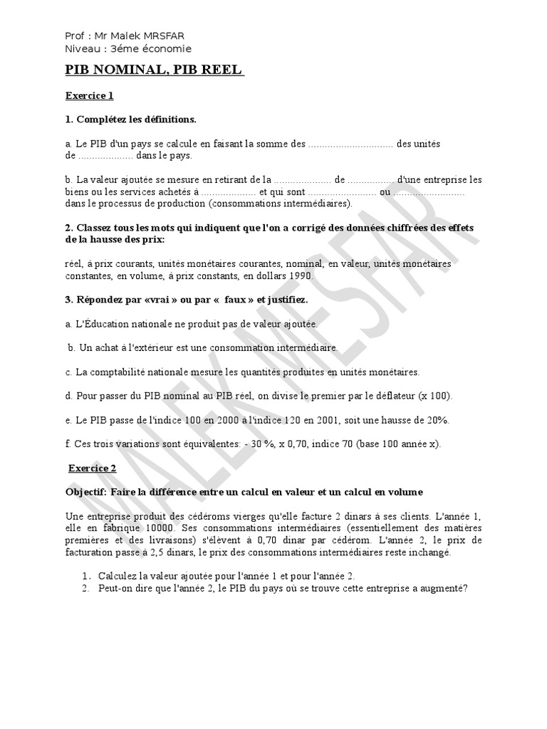 Calcul du PIB Nominal et Réel | PDF | Valeur ajoutée | Produit ...