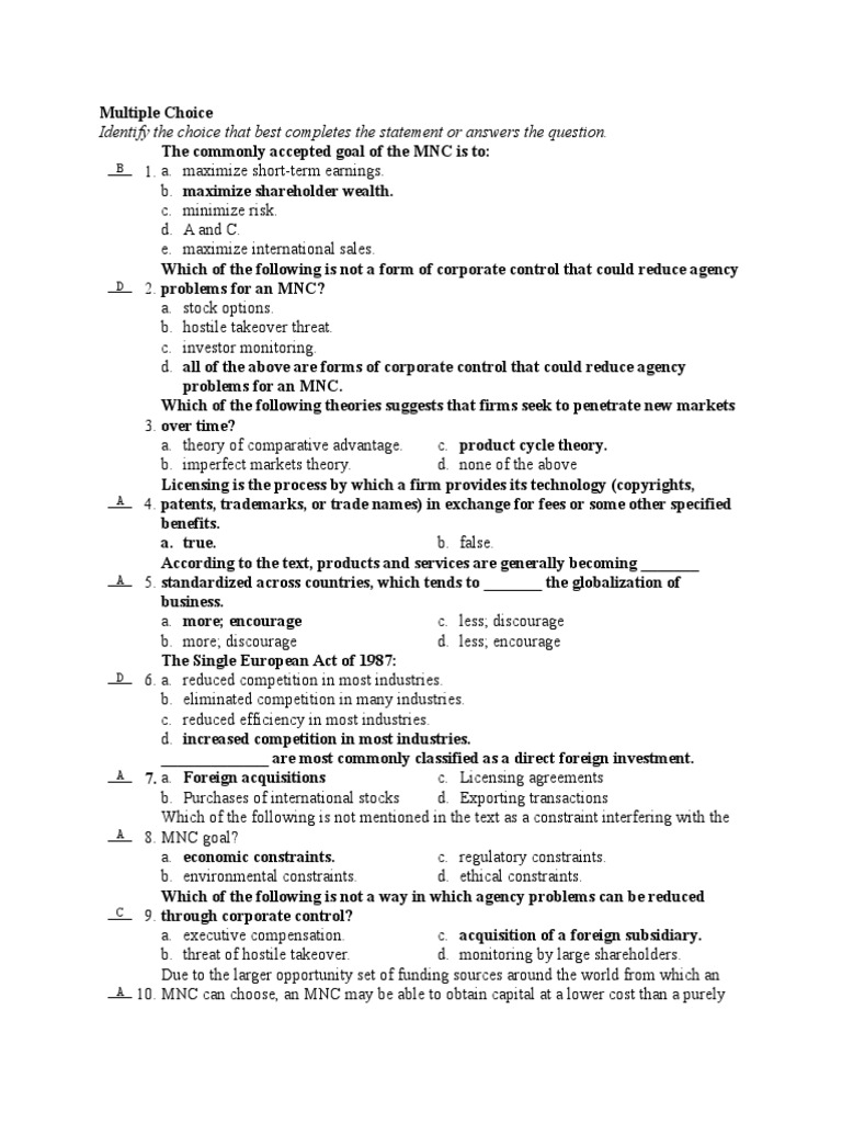 Identify The Choice That Best Completes The Statement or Answers The ...