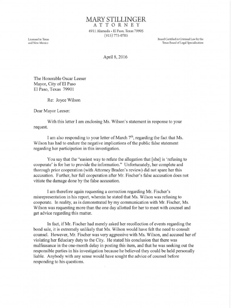Statement From Mary Stillinger, Attorney | PDF