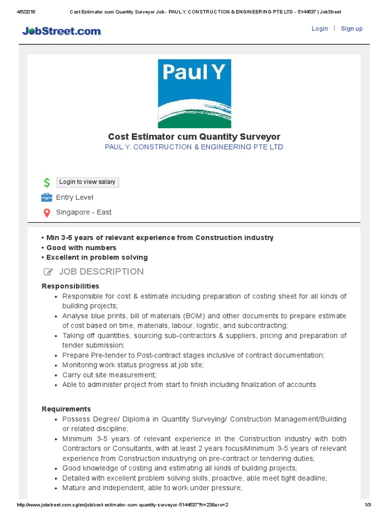 Cost Estimator Cum Quantity Surveyor Job - PAUL Y | PDF | Engineering |  Business