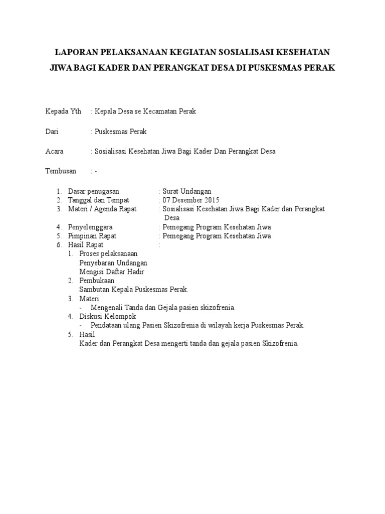 Laporan Pelaksanaan Kegiatan Sosialisasi Kesehatan Jiwa
