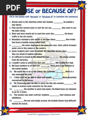 Because Or Because Of Esl Grammar Exercise Worksheet Pdf Pdf Business Law Civil Rights And Liberties