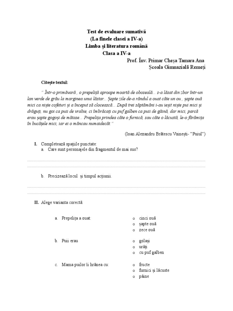 Test Clasa A 4a | PDF