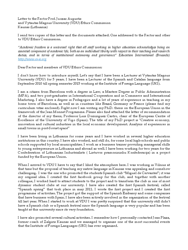 Letter To VDU Rector and Ethics Commission. | PDF | Lithuania | Defamation
