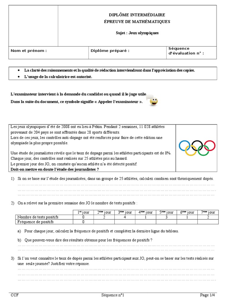 Sujet Grand Oral Jeux Olympiques Maths Sujet Et Grille CCF Probabilites Jeux Olympiques | Athlétisme | Probabilité