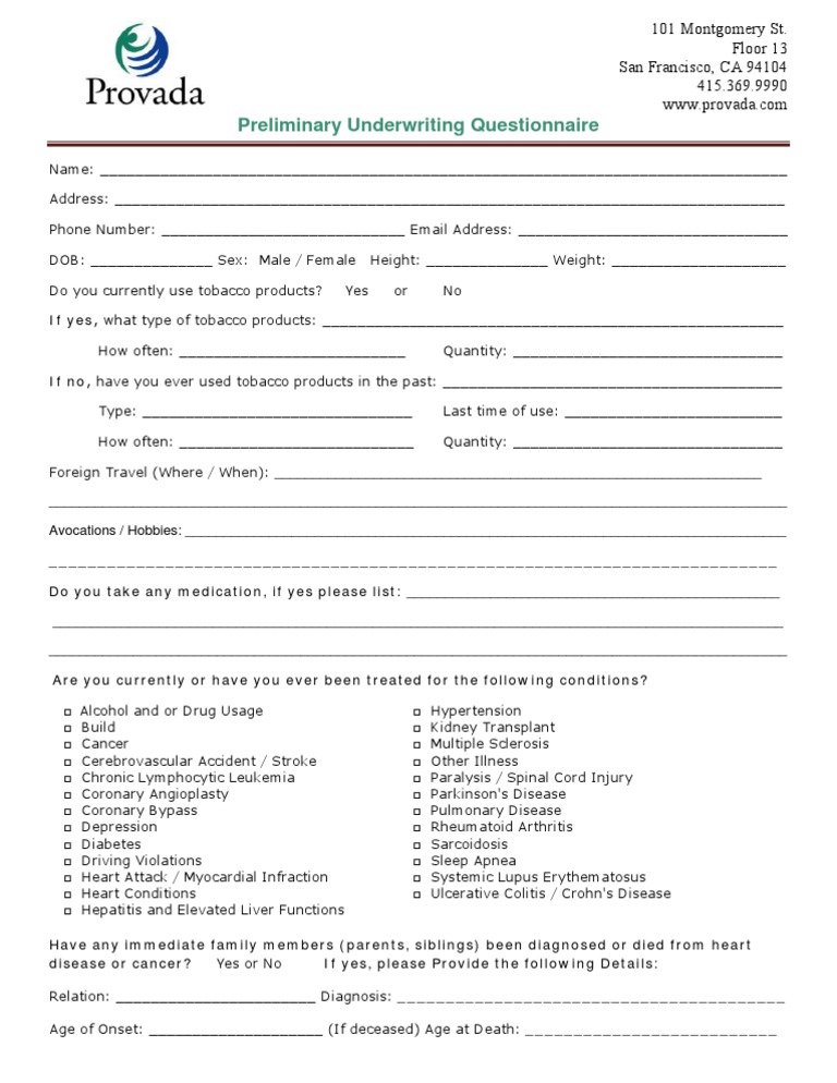 Life Insurance PreUnderwriting Questionnaire Myocardial