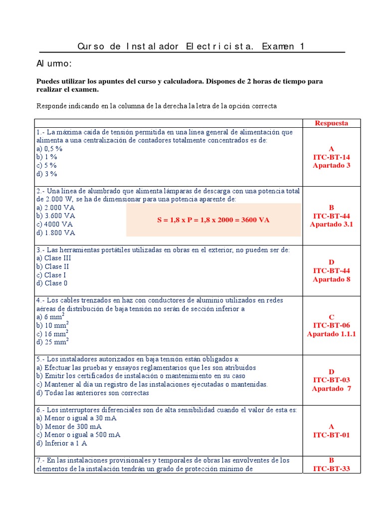Examen Instalador Electricista PDF Energia electrica Vatio
