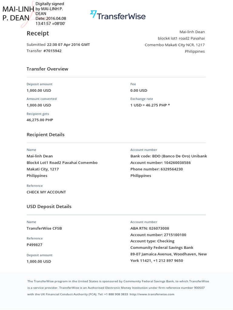 Transferwise Document 10 PDF | PDF | Bdo Unibank | Banking
