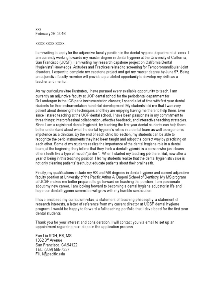 Cover Letter For Teaching Position PDF Dental Hygienist Dentistry
