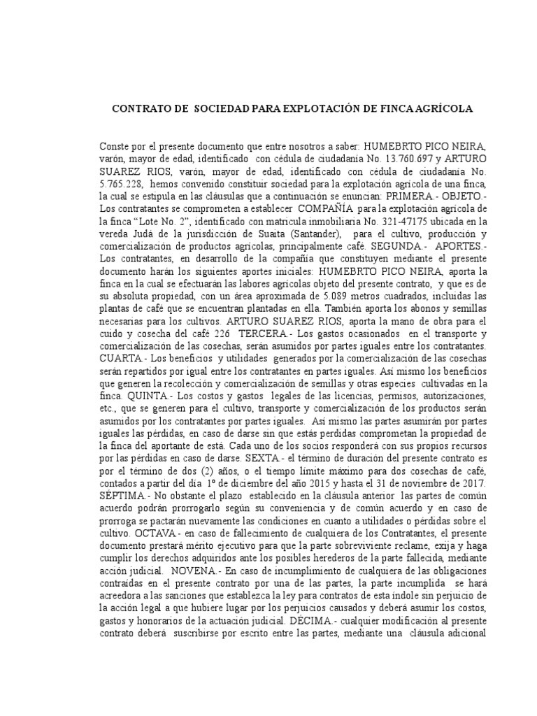 Contrato de Sociedad para Explotación de Finca Agrícola Humberto Pico | PDF  | Agricultura | Gobierno