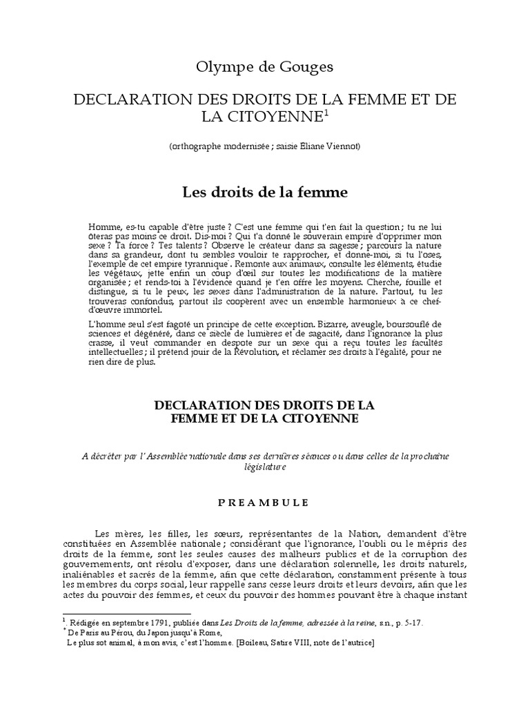 Olympe De Gouge Declaration Des Droits De La Femme Resume