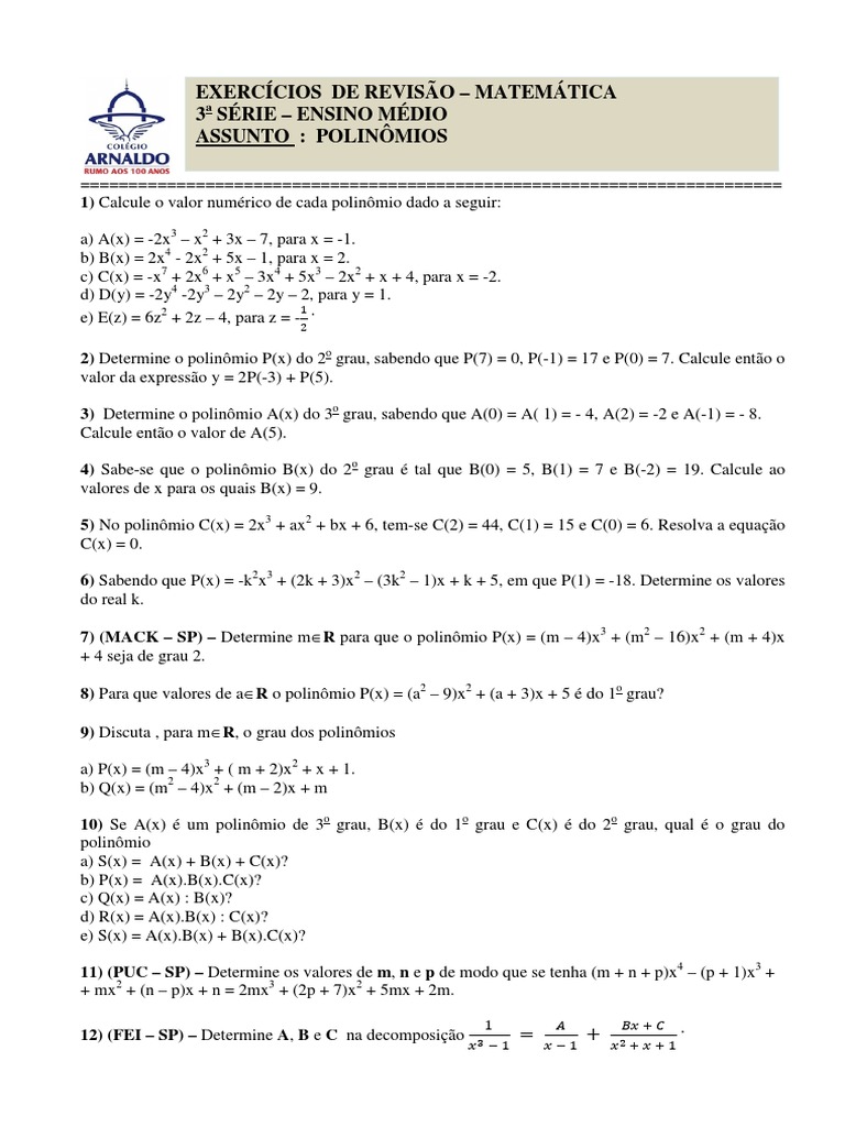 Exercícios Resolvidos de Polinômios | PDF | Conceitos matemáticos ...