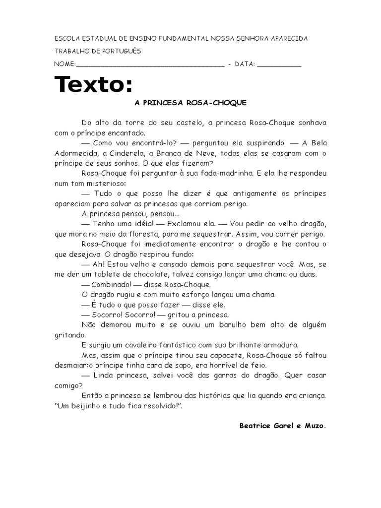Prova de Interpretação A Princesa Rosa-Choque | PDF | Dragão | Branca de  Neve, image size:768x1024
