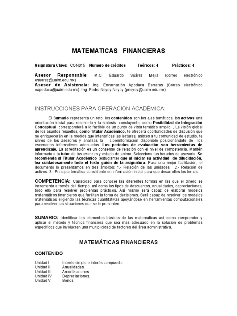 Matemáticas Financieras: Contenidos y Métodos | PDF | Deuda ...