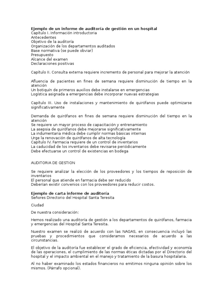 Ejemplo De Un Informe De Auditoría De Gestión En Un Hospital