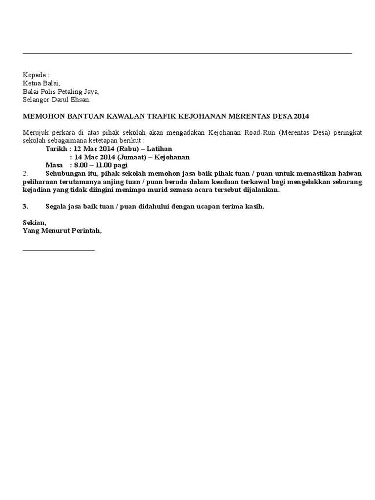 Contoh Surat Mohon Bantuan Penguatkuasa Trafik