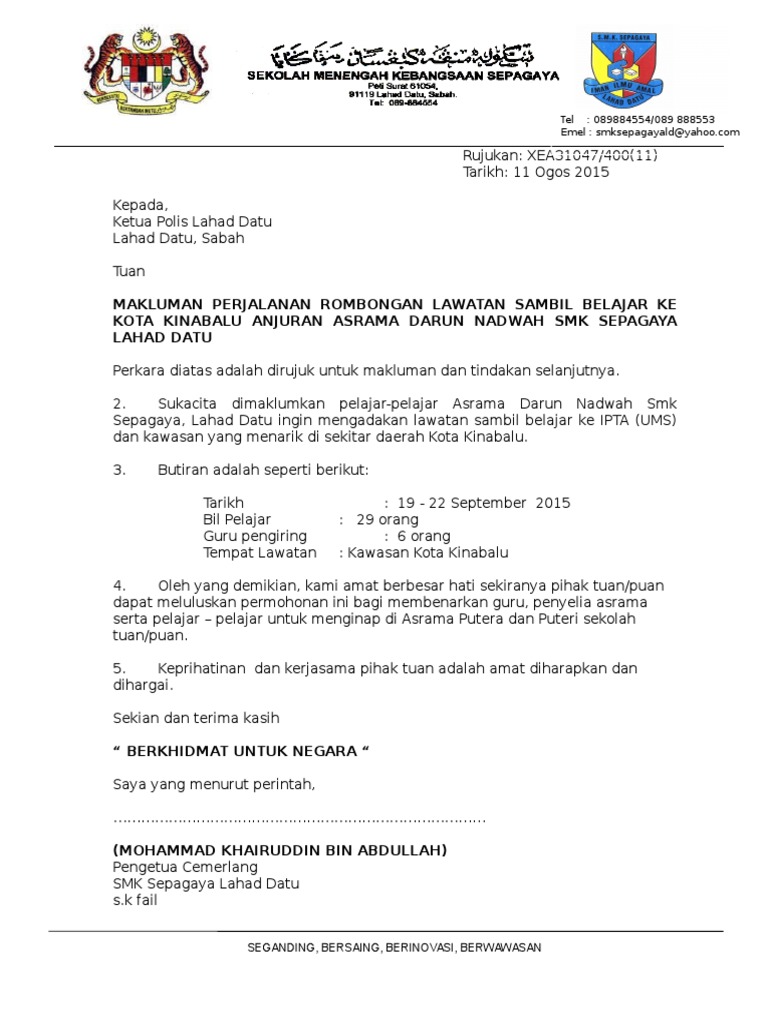 Contoh Surat Kebenaran Kepada Pihak Polis Perarakan Merdeka Sekolah