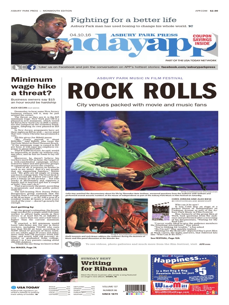 Asbury Park Press Front Page, April 10, 2016 PDF Minimum Wage Labour