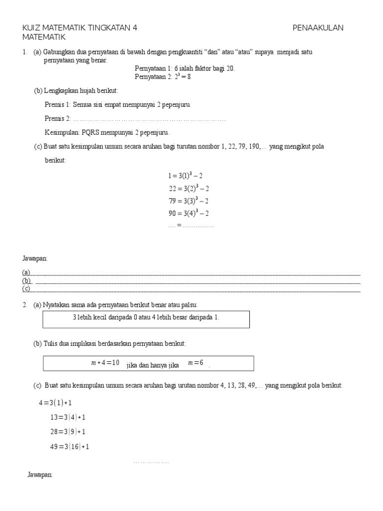 Kuiz Matematik Tingkatan 4 Penaakulan Matematik  PDF