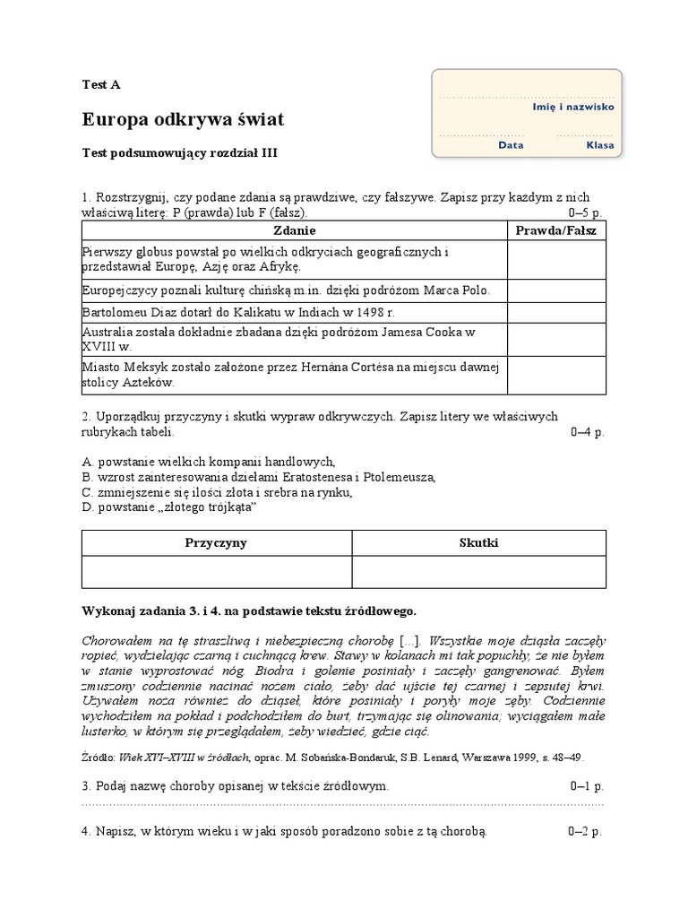 Sprawdzian Z Historii Klasa 6 Dział 1 Narodziny Nowożytnego świata