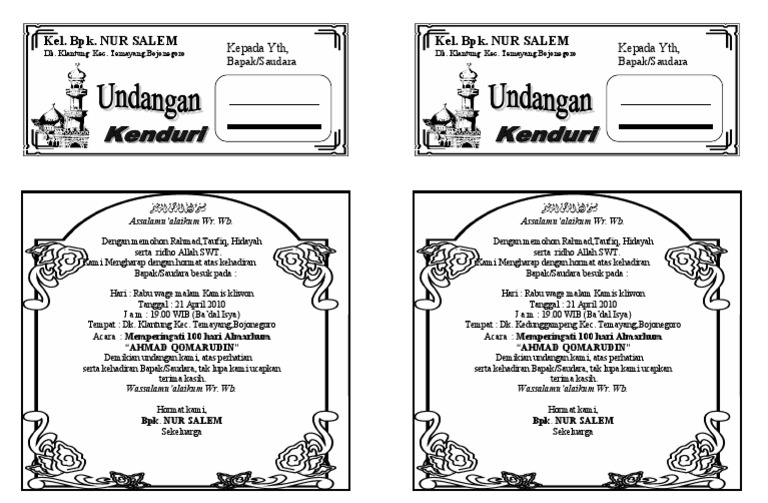 Contoh Undangan Kenduri Kecil