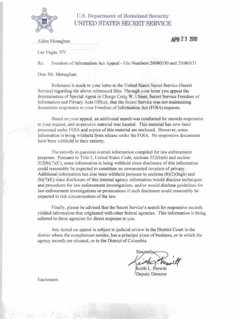 FOIA Appeal Response: Secret Service | PDF | Freedom Of Information Act ...