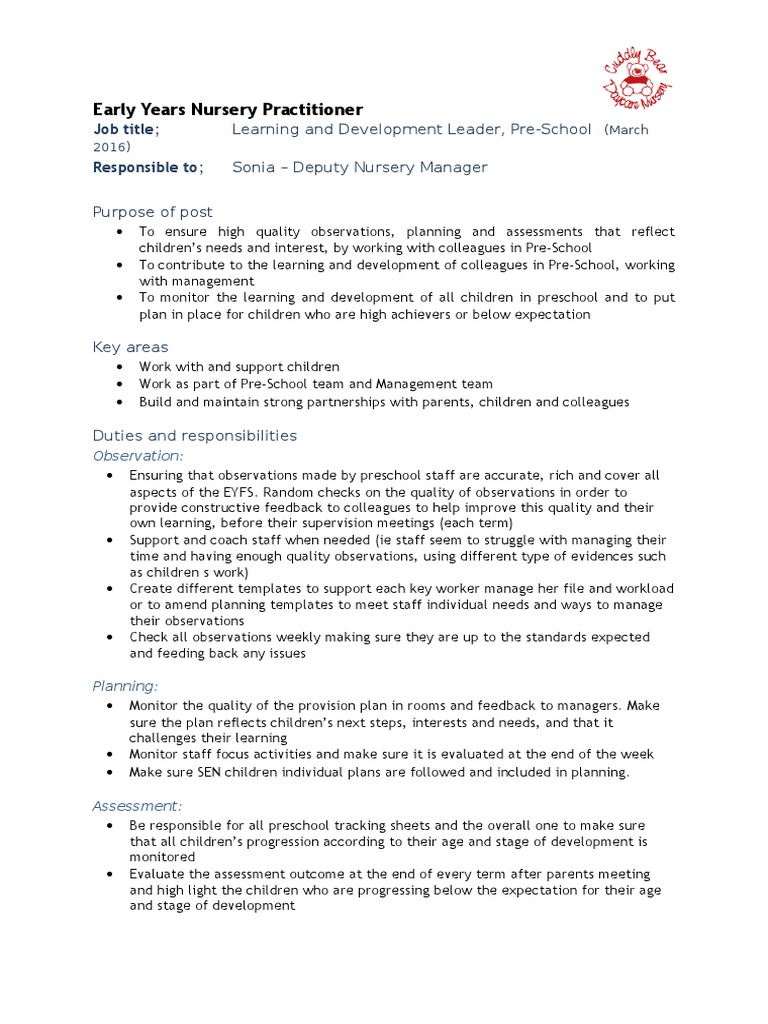 Early Years Nursery Practitioner Job title; Responsible to Preschool