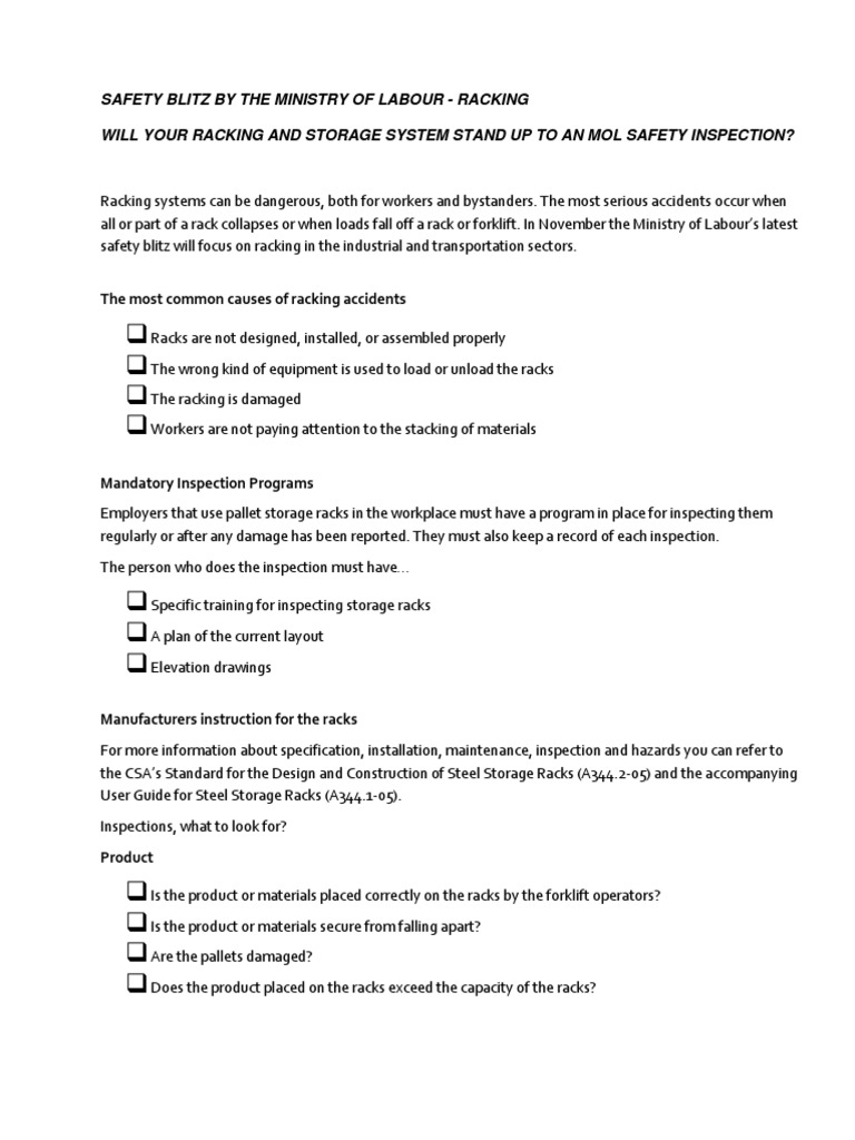 Safety Blitz by The Ministry of Labour Racking PDF Occupational