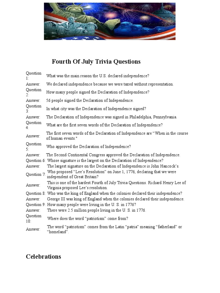 Fourth of July Trivia Questions | PDF | United States Declaration Of Independence | Independence Day (United States) for July 4th Trivia Questions And Answers Printable Free