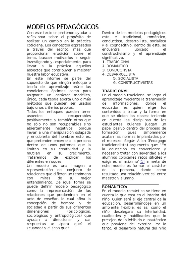 Modelos Pedagógicos en Educación | PDF | Constructivismo (filosofía de ...