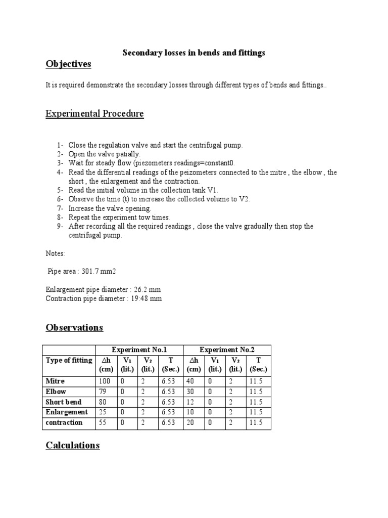 Secondary Losses in Bends and Fittings