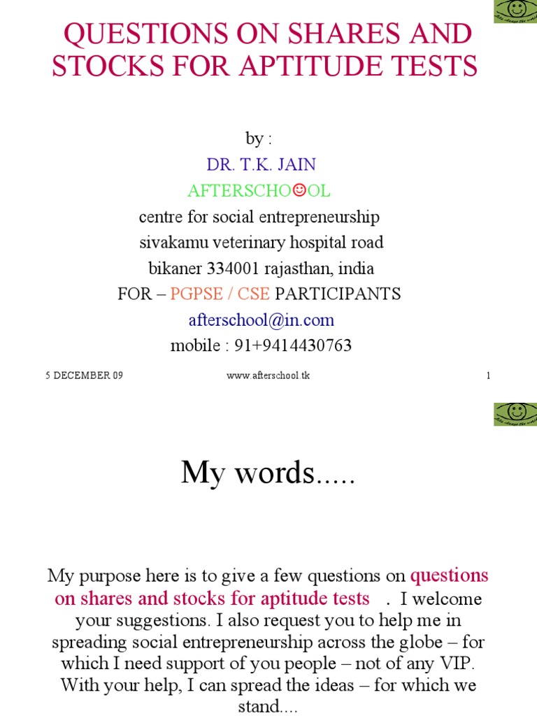 Questions On Shares and Stocks For Aptitude Tests PDF Stocks