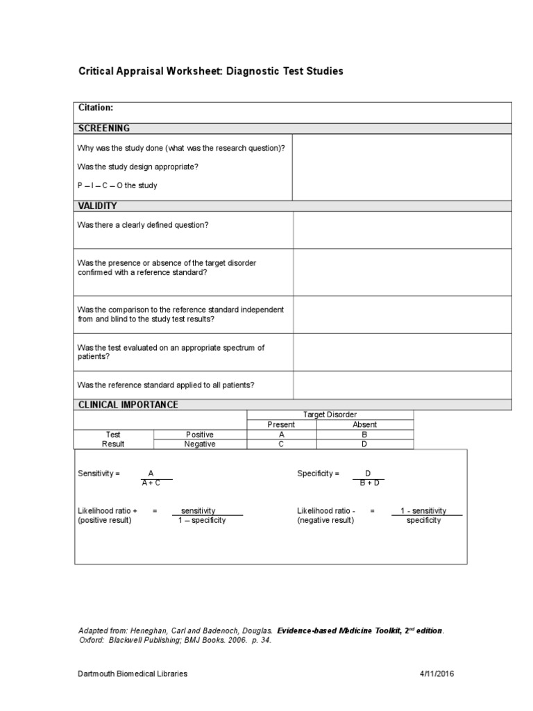 Critical Appraisal Worksheet Diagnosis | PDF | Science & Mathematics