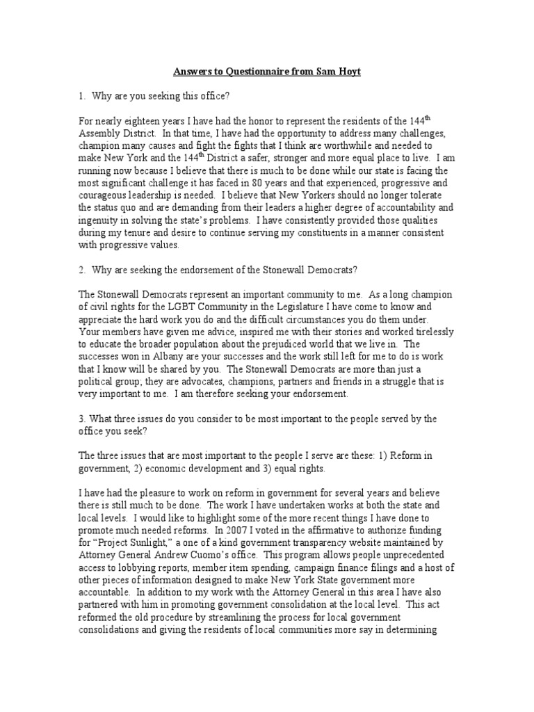 Answers To Questionnaire From Sam Hoyt | PDF | Discrimination | Equal ...