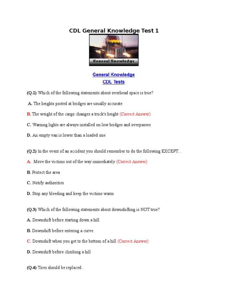 CDL General Knowledge Tests PDF Tire Truck