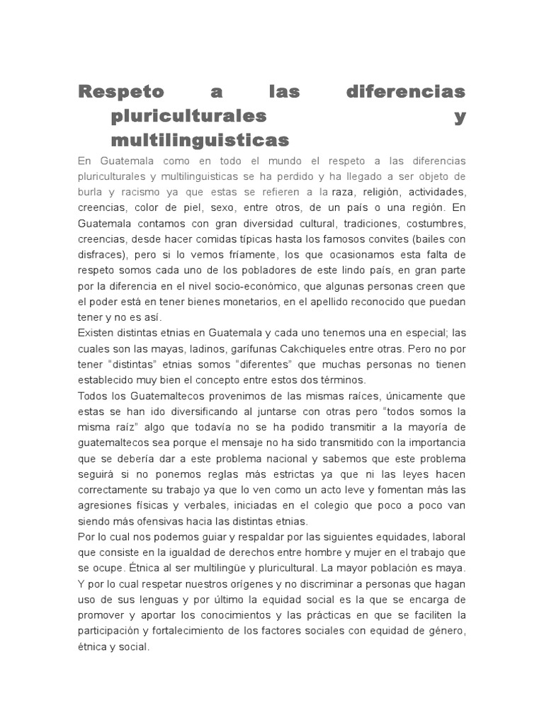 Respeto A Las Diferencias Pluriculturales y Multilinguisticas | PDF ...