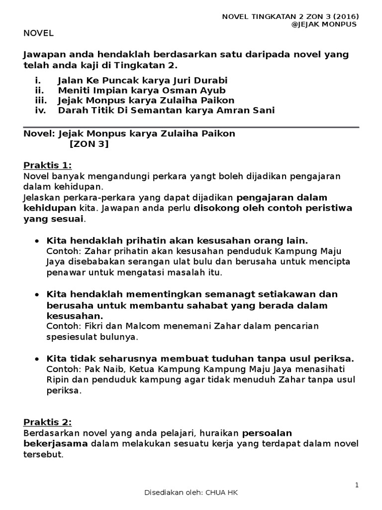 Soalan Novel Jejak Monpus Tingkatan 2 2016