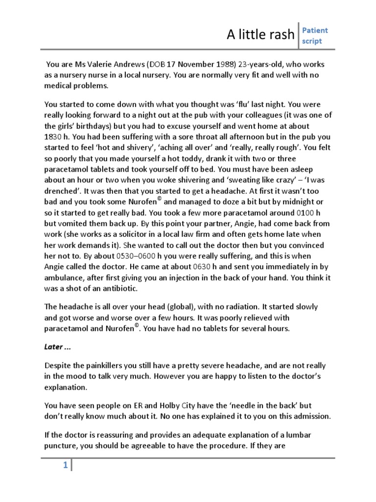 A Little Rash: Patient Script | PDF | Medicine | Medical Specialties