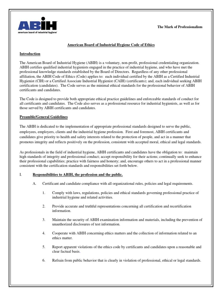 American Board of Industrial Hygiene Code of Ethics Occupational