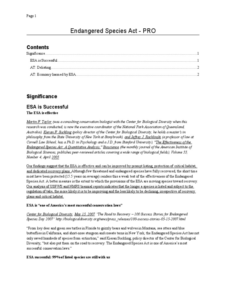 NEG - Endangered Species Act - PRO | PDF | Endangered Species Act Of
