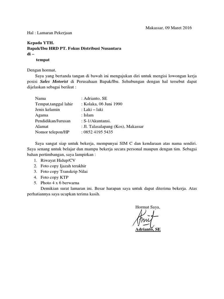 Contoh Lamaran Kerja