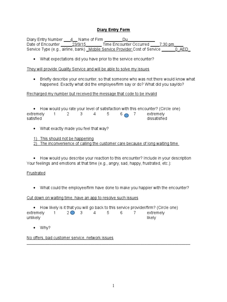 Diary Entry on Service Encounter Feedback | PDF