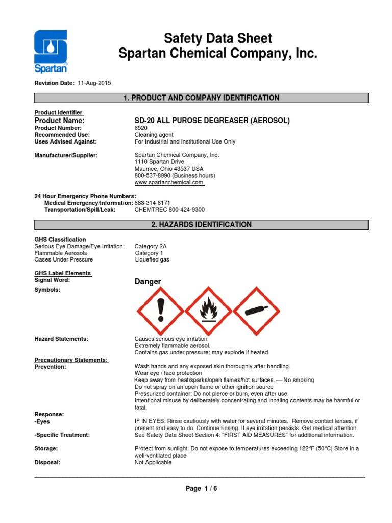 Spartan SD20 MSDS Aerosol