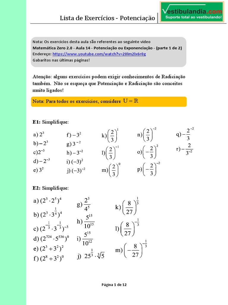 Lista Exercícios 1 - Potenciação | Exponenciação | Números