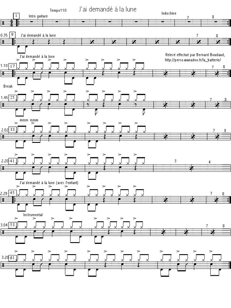 Partition Piano Gratuite J ai Demandé à La Lune Indochine Indochine J'ai Demande A La Lune Partition Batterie Sheet Drums | PDF