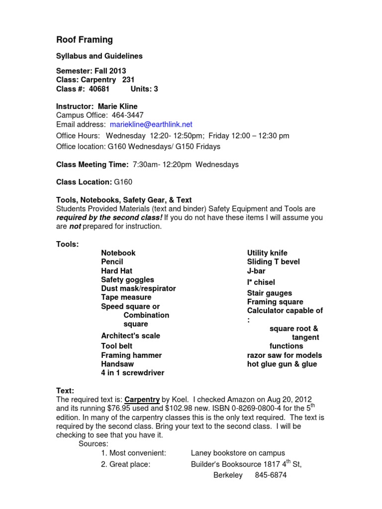 Roof Framing Syllabus Fall 2013 | PDF | Carpentry