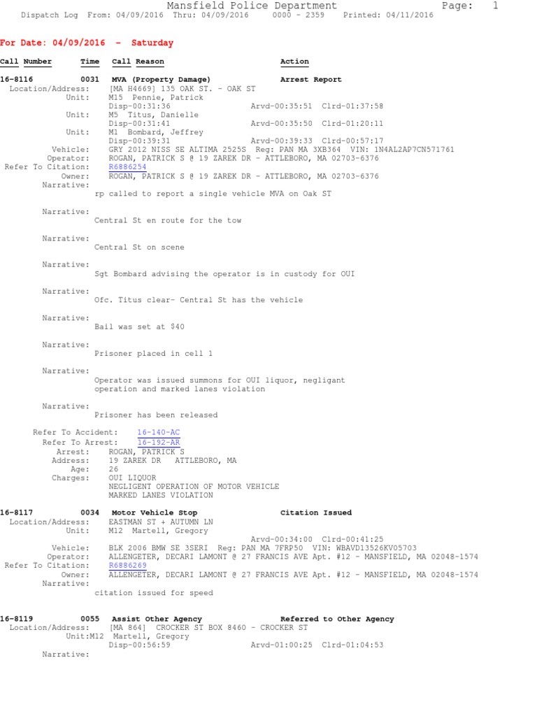 Mansfield Police Dispatch Log 04/09/2016 | PDF | Motor Vehicle | Vehicles