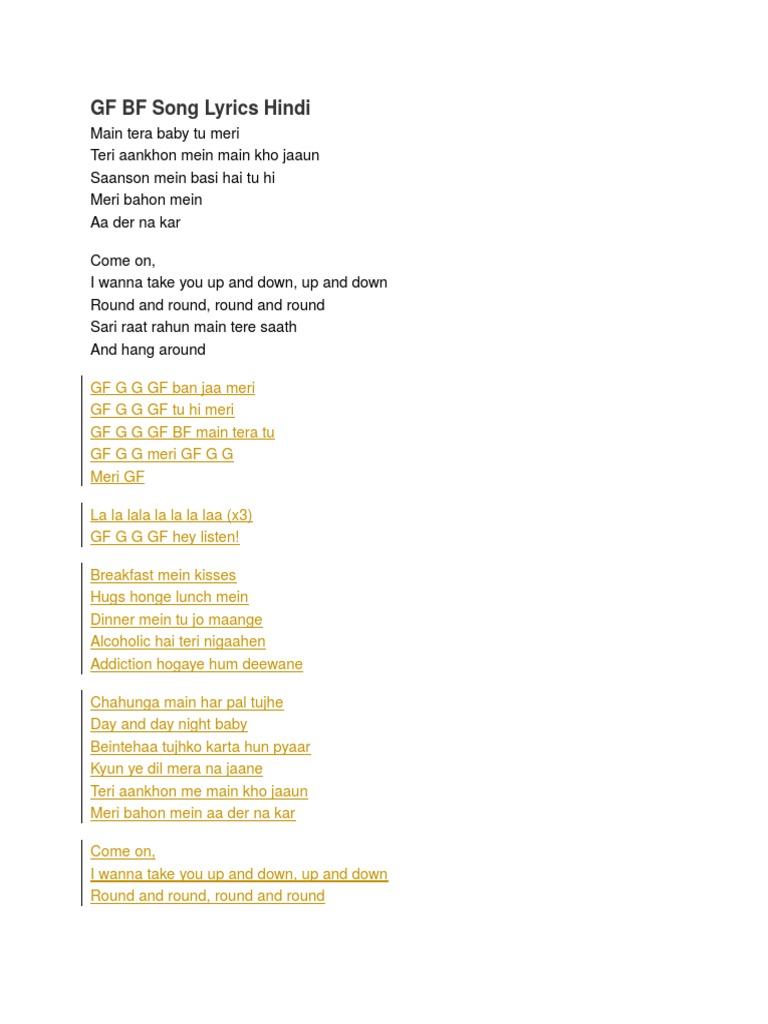 GF BF Song Lyrics Hindi PDF