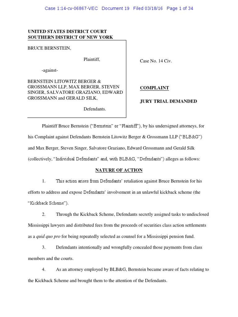 Bernstein Vs Bernstein Litowitz Complaint 031816 | PDF | Racketeer  Influenced And Corrupt Organizations Act | Lawsuit
